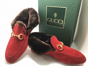 キングラム[05]GUCCI[グッチ]スエード ホースビット ローファー モカシン サイズ37(23.5~24cm)レッド×ブラウンファー【送料無料】0877