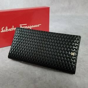 【美品】　Ferragamo　フェラガモ　正規品　本革　レザー　二つ折り長財布　マチあり　札入れ　カード入れ　長財布　保存箱　黒