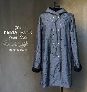 90s イタリー製 クリツィア ジーンズ KRIZIA Jeans 黒 フリースライナー グレー×黒飛沫ドット フーデッド コート 42