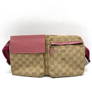 1円 GUCCI グッチ GGキャンバス レザー シェリーライン ブラウン ウエストバッグ バムバッグ ボディバッグ ショルダー 28566