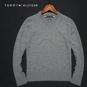 【トミーヒルフィガー】 ウォッシャブルラムウール　Vネックニット　ストレッチ　杢グレー　サイズM　胸フラッグ　TOMMY HILFIGER