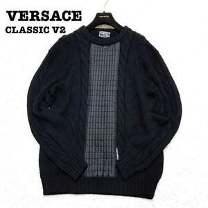 美品!!XL相当◎VERSACE ヴェルサーチ CLASSIC V2クラシック ニット クルーネック セーター ケーブル編み 中綿 異色素材 ドッキング メンズ 