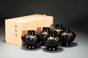 【善古堂】某有名オークション買入 時代物 平安象彦作 吸物椀 蓋付椀 五客 秋草蒔絵 共箱 懐石道具 骨董品 古美術0625-338S01　