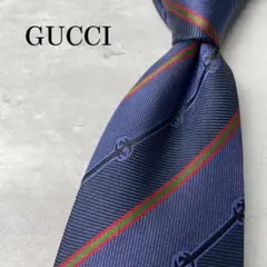 美品 GUCCI グッチ インターロッキング ストライプ ネクタイ ネイビー 紺