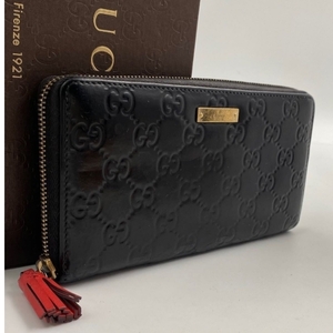 【正規品】GUCCI グッチ 長財布 ロングウォレット GGシマ GG型押し ラウンドファスナー ゴールドプレート ブラック 黒