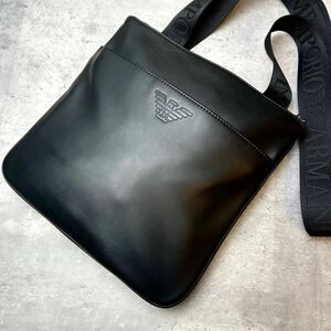 ●未使用級/現行近● EMPORIO ARMANI エンポリオアルマーニ メンズ ショルダーバッグ サコッシュ 斜め掛け イーグルロゴ レザー ブラック