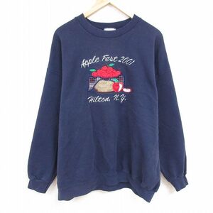 XL/古着 リー Lee 長袖 スウェット メンズ 90s リンゴ 刺繍 大きいサイズ クルーネック 紺 ネイビー 24nov13 中古 スエット トレーナー ト