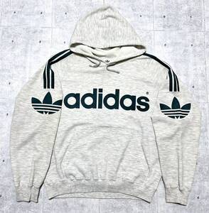 90s adidas フーディー スウェット パーカー トレフォイル ビッグロゴ　　デカロゴ アームロゴ アディダス 霜降りボディ デサント 柳9203