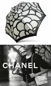 新品同様 正規品 CHANEL シャネル カメリア ロゴ 総柄 アンブレラ 傘 専用カバー付き ブラック × ホワイト フランス製