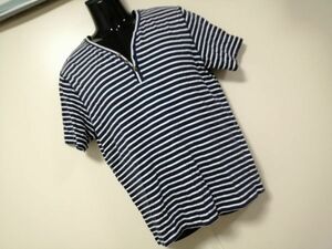 kkyj4509 ■ Izmir Cotton JUNMEN ■ Tシャツ カットソー トップス 半袖 ヘンリーネック ボーダー コットン 紺×白 ネイビー L