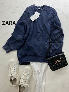 ZARA ザラ★タグ付き未使用★大人素敵★ゆったり 厚手 デニム調 スウェット プルオーバー トップス★インディゴ Mサイズ 1017