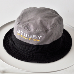 00s STUSSY INTERNATIONAL バイカラー バケットハット ストックロゴ 刺繍 グレー ブラック S/M ステューシー