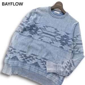 BAYFLOW ベイフロー 通年 ネイティブ チマヨ柄★ ウォッシュ加工 インディゴ コットン ニット セーター Sz.2　メンズ　C4T10378_B#L