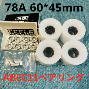 スケートボード　78Aソフトウィール+ABEC11ベアリング+スペーサー　直径 60mm x 幅 45mm　白色　ストリート スケボー　PENNY対応