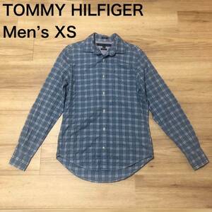 【送料無料】TOMMY HILFIGERシワ加工長袖シャツ　青白チェック柄　メンズXSサイズ　トミーヒルフィガー