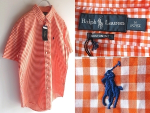 新品タグ付 Ralph Lauren ラルフローレン CUSTOM FIT ポロポニーロゴ刺繍 ギンガムチェック BDシャツ M オレンジ ホワイト ネコポス対応