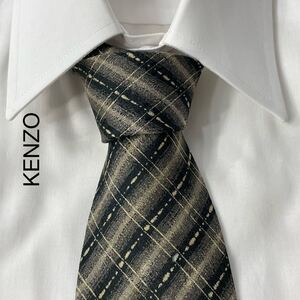 KENZO ケンゾー 格子柄 デザイン シルク ネクタイ ベージュ ブラック TG309