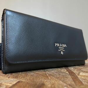 1円 PRADA 美品 プラダ ラウンドファスナー 長財布 男女 サフィアーノレザー ■レザー　小銭入れ 有り　ブラック　ギャランティ付属