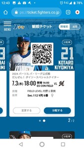 エスコンフィールド　観戦ペアチケット　7月3日　ロッテ戦　内野1階席