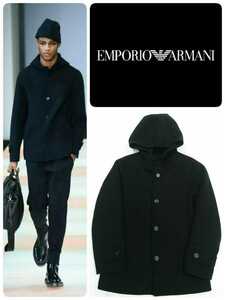 即完売 15AW EMPORIO ARMANI エンポリオアルマーニ 黒ラベルタグ 最高級ラムウールフーデッドショートコート 44 極美品 ジョルジオ EA7