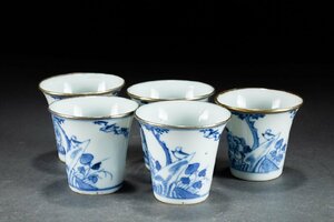 【華】某有名収集家買取品 清時代物 中国伝来 染付き 花鳥紋茶盃 五客 大清康煕年製 茶煎道具 古美術 骨董品 YA23068575-POQ