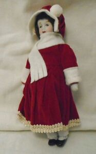 8" Porcelain Doll, Dark Hair, Red Dress wWhite Trim, Porcelain Face, Hands, Feet 海外 即決