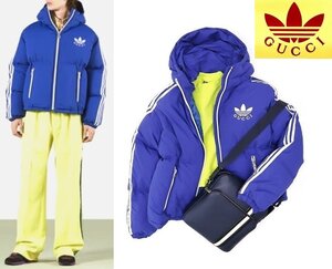 70万新品訳有◆58=3XL グッチ GUCCI×adidasコラボ 3ストライプ×コラボロゴプリント イタリア製ダウンジャケット 青 1円