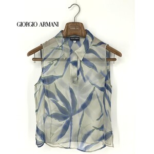 A8539/春夏 GIORGIO ARMANI アルマーニ 黒ラベル シルク100% ノースリーブ 花柄 ブラウス カットソー 38 XS程 灰色/イタリア製 レディース