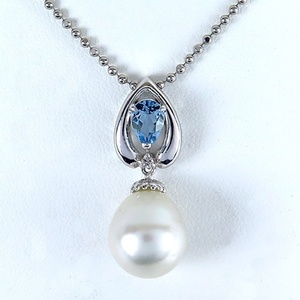 Pt900/Pt850 ★ネックレス パール11.6mm アクアマリン0.57ct ◇ダイヤモンド0.02ct ●最長39.5cm ◆鑑別書付き【中古】/s01103