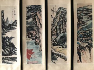 A書画・秘蔵【 山水純手描き4本屏・純手描き作品鑑賞】旧蔵・書道・国画古美術品唐物骨董古時代11.17