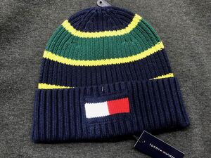 USA正規品 トミーヒルフィガー TOMMY HILFIGER 厚手 ニットキャップ ニット帽 ビーニー 綿 コットン100％ 紺 緑 アイビーボーダー フラッグ