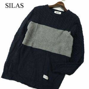 SILAS サイラス 秋冬 ウール★ 切替 ケーブル編み クルーネック ニット セーター Sz.S　メンズ ネイビー　A3T13918_B#K