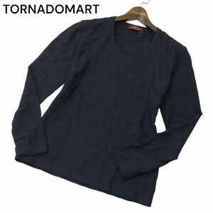 TORNADOMART トルネードマート イタリア製生地★ アーガイル ジャガード ボーダー 長袖 カットソー Tシャツ Sz.L　メンズ 紺　A4T06548_6#F