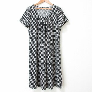 美品 marimekko マリメッコ TIKETTI 総柄 フロントタック 半袖 ひざ丈 カットソーワンピース M ブラック×ライトグレー ◆