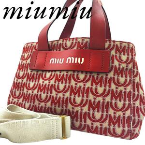 美品 miumiu ジャカード ハンドバッグ　2WAYトートバック 5BA085　ジャカード レッド　ショルダーバッグ