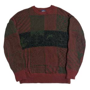 希少【 ビンテージ 80s WOOLRICH ウールリッチ カントリー 総柄 パッチワーク柄 ニット】アメリカ USA バーズアイ セーター 70s L.L.BEAN