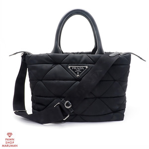 PRADA プラダ スモール パデッド Re-Nylon トートバッグ 1BG436 ナイロン×レザー ブラック×シルバー金具 【丸万質舗】