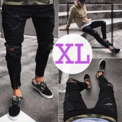 ダメージデニム　スキニー　XL ブラック　黒　パンツ　ダメージ　ジーンズ　XL