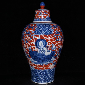 ▽鴻▽明 成化年製款 紅釉 青花 八仙人物紋 梅瓶 古陶瓷品 置物 古賞物 中国古玩 中国古美術
