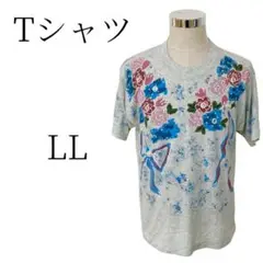 不明 グレー×赤青緑ピンクの花柄 Tシャツ カジュアル LL