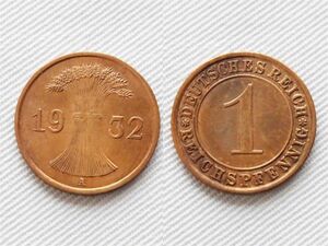 【ドイツ】 1ペニヒ 1932年 A ヴァイマル共和政 ブロンズ　銅貨　麦