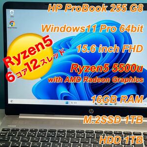 2021年製 HP ProBook 255 G8 限定ハイスペックモデル 15.6FHDディスプレイ AMD Ryzen5 5500u 6コア 最大4.0GHz メモリ16G SSD＋HDD = 2TB