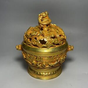 蔵友旧蔵出 銅製 塗金 祥雲龍紋 熏香爐 密宗密教 供養品 仏教美術品