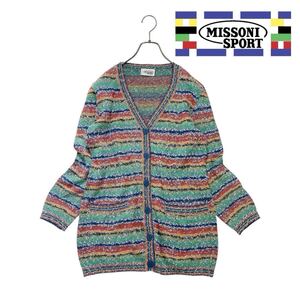 10T250☆ MISSONI SPORT イタリア製 コットン ボーダー ニット 長袖 ロング丈 カーディガン 春秋 羽織り 鮮やかで綺麗なデザインです◎ L