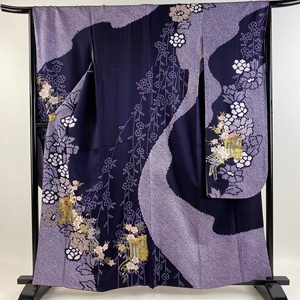 振袖 身丈161cm 裄丈66.5cm M 袷 やまと 御所車 桜 刺繍 絞り 濃紫 正絹 秀品 【中古】