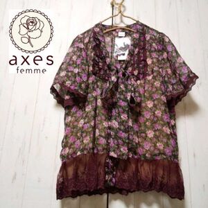 r0033【axes femme】リボン&レース花柄シフォンブラウス半袖（M/ボルドー）未使用タグ付き