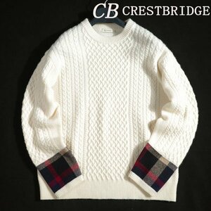 新品1円～★CB CRESTBRIDGE クレストブリッジ メンズ 長袖 ウール毛 クレストブリッジチェック袖 ケーブルニットプルオーバー L 白◆7383◆