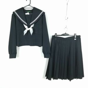 1円 セーラー服 スカート スカーフ 上下3点セット 大きいサイズ 特大 冬物 白2本線 女子 学生服 中学 高校 黒 制服 中古 ランクC EY5726