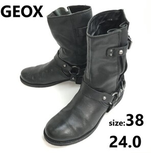 ジェオックス/GEOX★本革/レザー/ミドル丈/リング/ハーネスブーツ【38/24.0/レディース&メンズ/黒/black】Leather/Boots/shoes◆sWB83-31