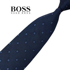 ★HUGO BOSS★高級ネクタイ ダークネイビー系 パターン柄 ヒューゴボス シルク USED プレス済み ネコポス可 t1095